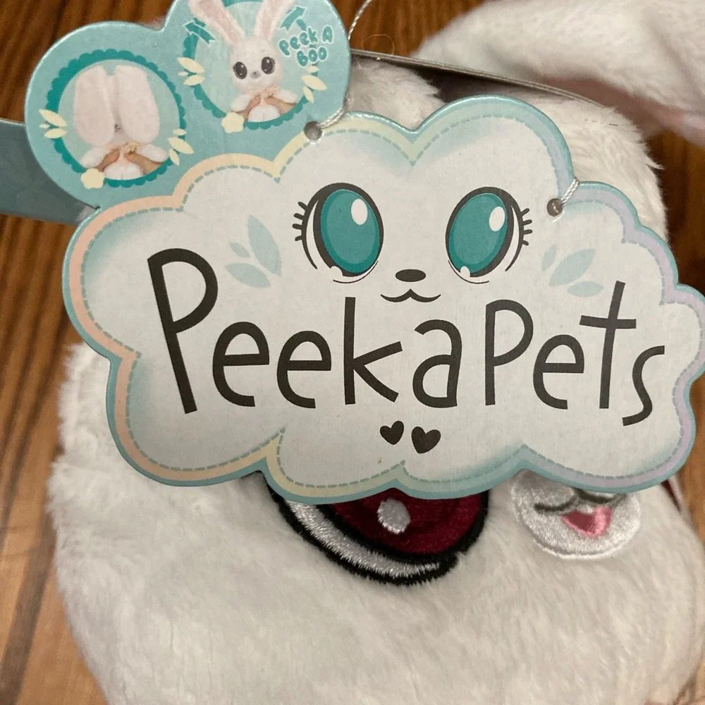 🌛🐰PeekaPets🐰🌜PEEK-A-BOO BUNNY PLUSH white w/peach ears/moon/bow tie✨NWT✨